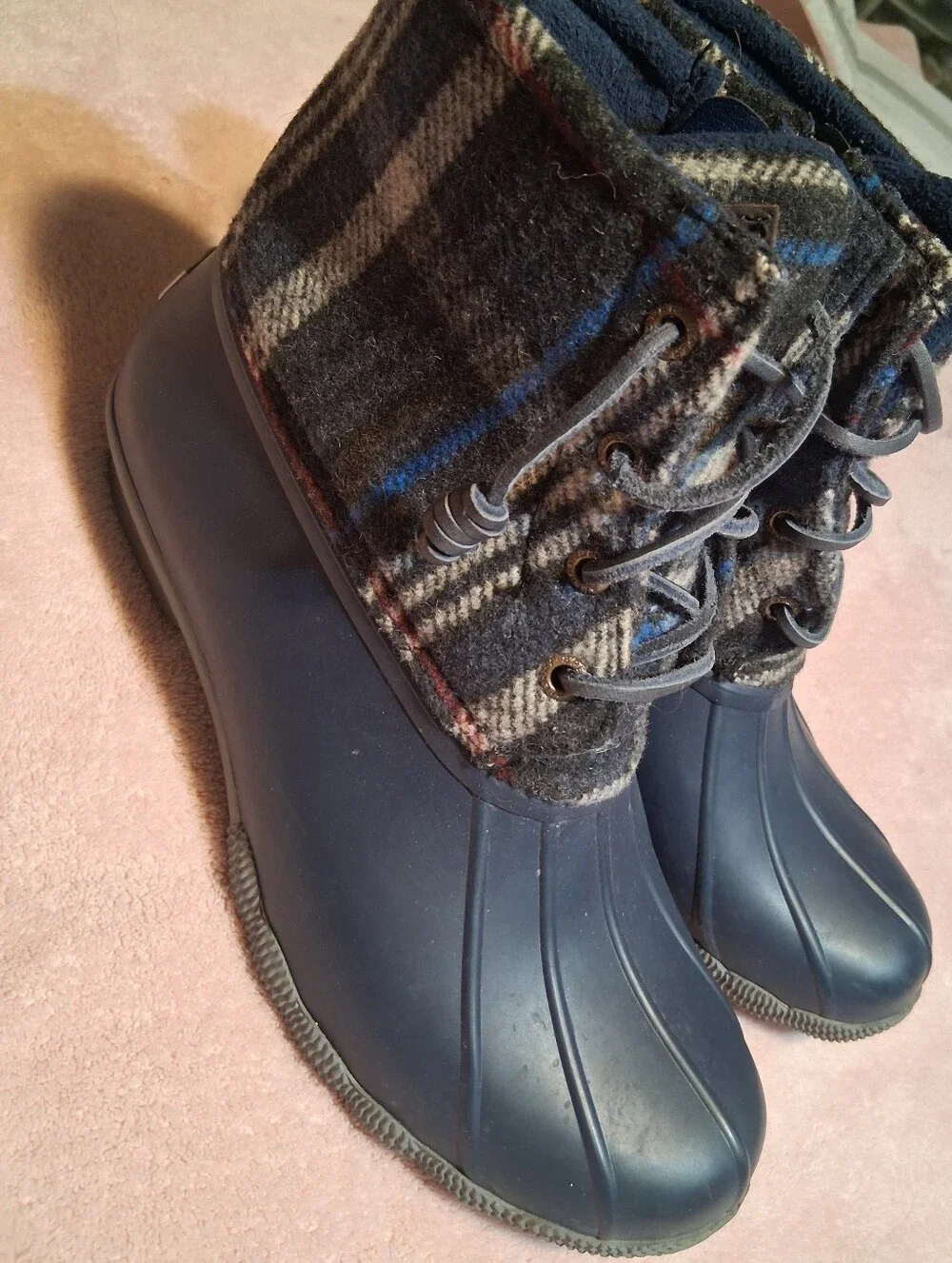 Sperry Top Sider Navy Blue Plaid Wool Duck Boots Waterproof Size 7M Rain Winter